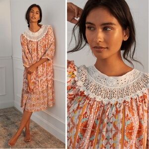 NWT Anthropologie Florence Lace Cotton Gauze Lounge Midi Dress Size Medium